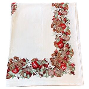 Vintage 50s Christmas Holiday Fruit Bow Holly Leaf Candy Cane Tablecloth‎ 60x96